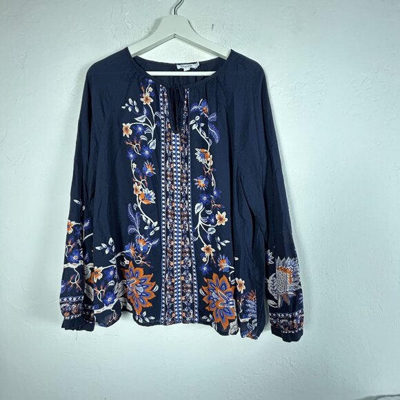 Chico's Tops - Chico's Womens Navy Floral Embroidered Boho Peasant Blouse Top Size 2.5 US 14